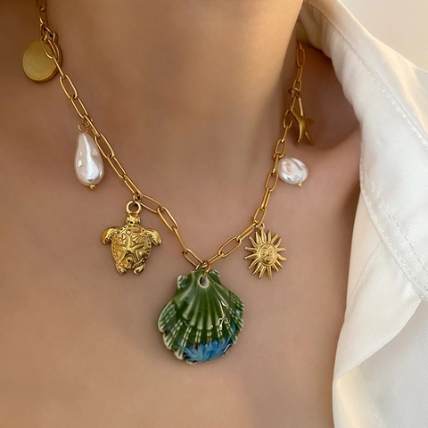 Roestvrijstalen Schelp Hanger Ketting Met Keramische Schelp Zeeschildpad En Barokke Kunstparels Voor Dames Strand Sieraden