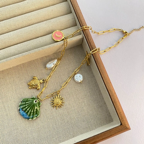 Roestvrijstalen Schelp Hanger Ketting Met Keramische Schelp Zeeschildpad En Barokke Kunstparels Voor Dames Strand Sieraden