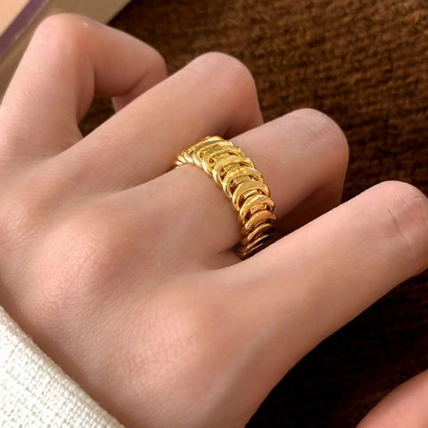 Chain Link Wide Ring Copper Adjustable Open Design Vintage Industrial Hip Hop Style Geometric Jewelry For Women