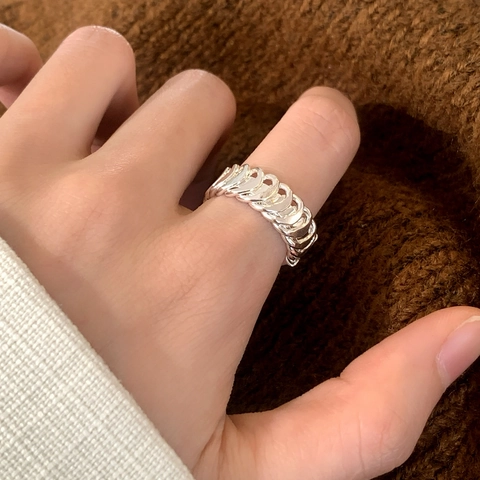 Chain Link Wide Ring Copper Adjustable Open Design Vintage Industrial Hip Hop Style Geometric Jewelry For Women