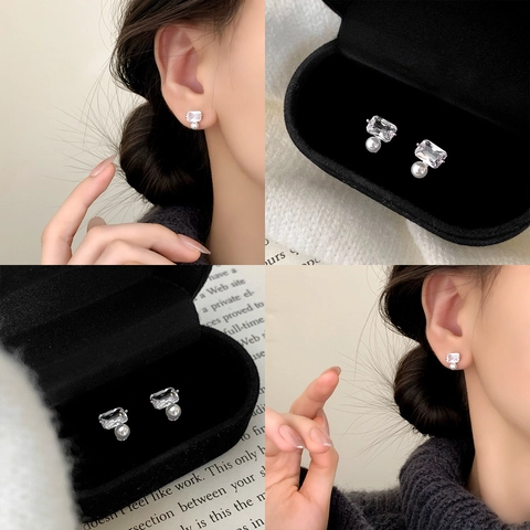 Orecchini A Lobo Squisiti Zircone Rettangolare Perla Artificial Bianca Rame Placcato Argento Elegante Minimalista Per Donne