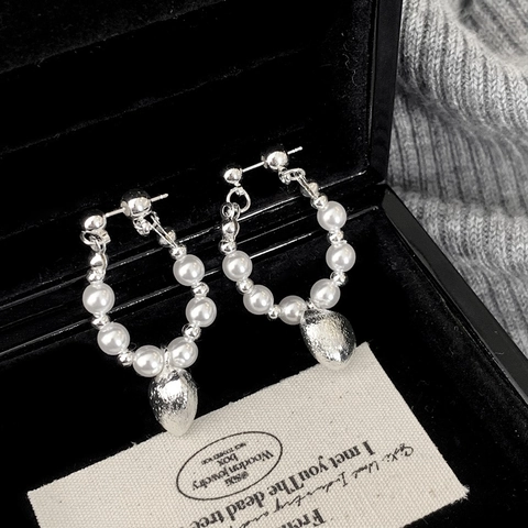 Heart Pendant Hoop Earrings White Artificial Pearl Copper With Silver Plating French Retro Elegant Style For Women