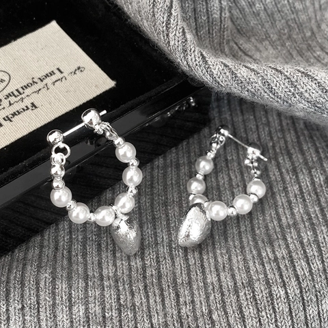 Heart Pendant Hoop Earrings White Artificial Pearl Copper With Silver Plating French Retro Elegant Style For Women
