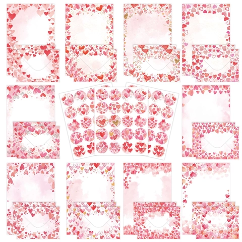 Pink Heart Stationery Watercolor Romantic Letter Writing Paper Envelopes Stickers For Valentines Day Wedding Gift