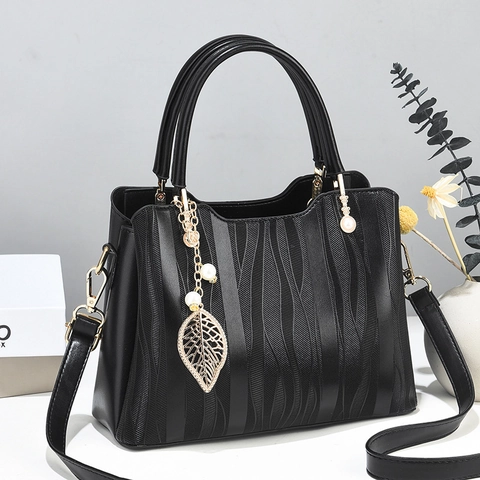 Damen Handtasche PU Leder Wellenmuster Blatt Künstliche Perle Anhänger Umhängetasche Elegant Mode Accessoire