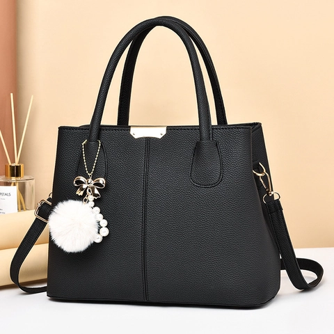 Borsa Da Donna In Pelle PU Con Trama Litchi Grande Capacità Borsa A Tracolla Con Tracolla Rimovibile E Pendente Con Pompon