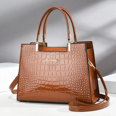Women's Crocodile Pattern Patent Leather Handbag Cowhide PU Tote Bag With Shoulder Strap Fashion Large Capacity Top Handle Bag