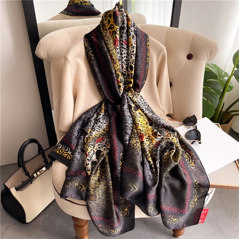Leopard Print Schal Damen Elegant Groß Polyester Satin Seidig Paisley Muster Sonnenschutz Tuch Vintage Mode