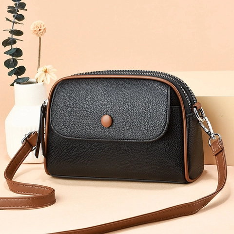 Bolso Bandolera de Mujer de Cuero PU con Patrón de Lichi Mini Bolso de Hombro Retro Bordes en Contraste para Móvil