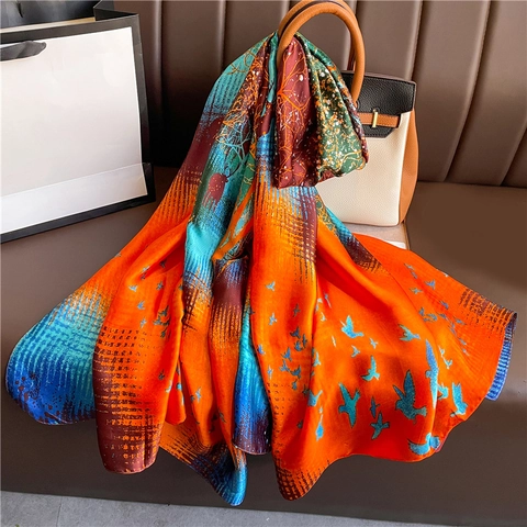 Kunst Druck Schal Eleganter Seidiger Polyester Schal Für Reisen Sonnenschutz Damen Luxus Vogel Baum Muster Wickel