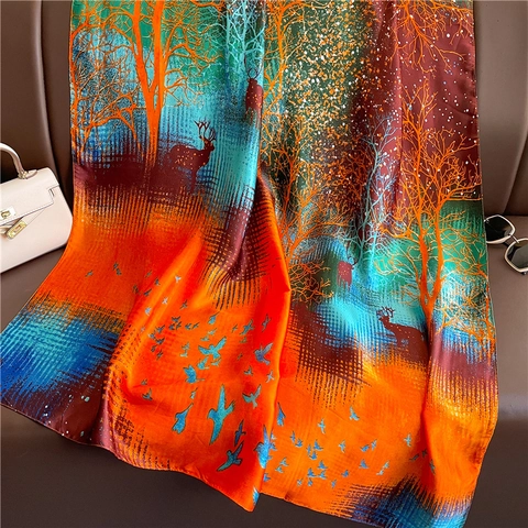 Kunst Druck Schal Eleganter Seidiger Polyester Schal Für Reisen Sonnenschutz Damen Luxus Vogel Baum Muster Wickel