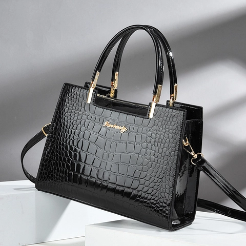 Sac à Main Femme Élégant en Cuir PU Motif Crocodile Grand Cabas Avec Bandoulière Accessoires Dorés Pour Le Bureau Quotidien