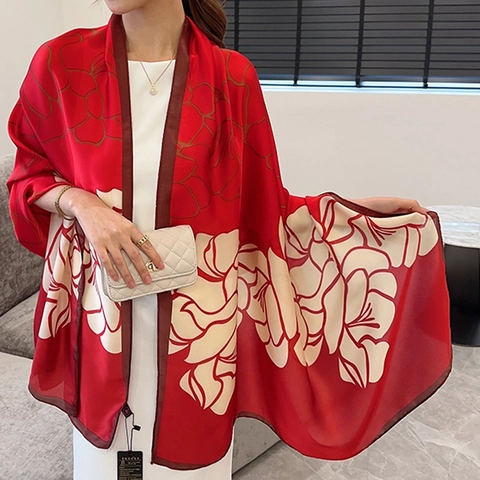 Sciarpa Elegante A Grandi Fiori Scialle Lungo Raso Poliestere Lusso Avvolgimento Donne Protezione Solare Accessorio Viaggio