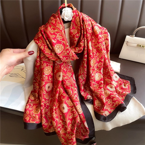 Elegante Damen Langer Satinnschal Vintage Floral Weinrebe Bedruckt Polyester Satin Schal Weich Sonnenschutz Tuch Reise Strand Mode