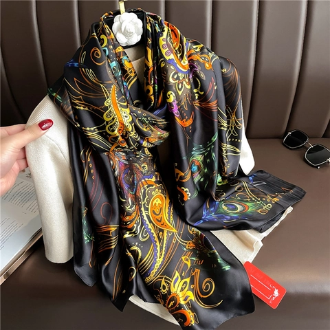 Women's Large Polyester Satin Scarf Elegant Floral Paisley Peacock Print Fashion Shawl Sunscreen Wrap