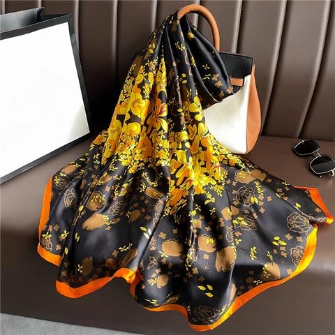 Women's Large Polyester Satin Scarf Elegant Floral Paisley Peacock Print Fashion Shawl Sunscreen Wrap