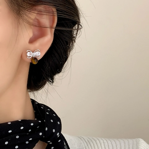 Bowknot Tiger Eye Stone Pendant Stud Earrings Cubic Zirconia Copper Niche Design Retro Elegant For Women