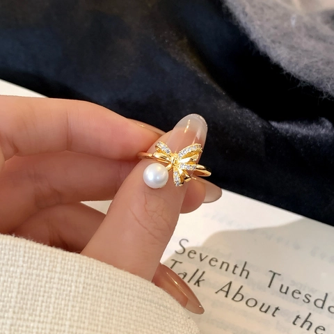 Bow Knot Open Ring Copper Zircon Shell Artificial Pearl Adjustable French Light Luxury Elegant Jewelry For Women