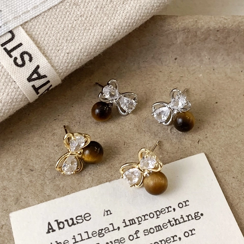 Bowknot Tiger Eye Stone Pendant Stud Earrings Cubic Zirconia Copper Niche Design Retro Elegant For Women