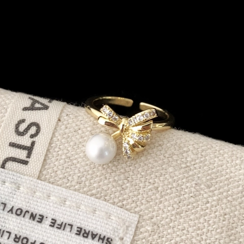 Bow Knot Open Ring Copper Zircon Shell Artificial Pearl Adjustable French Light Luxury Elegant Jewelry For Women