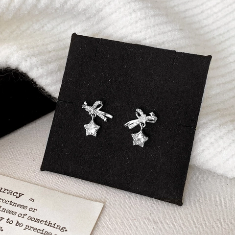 Delicate Bow Star Pendant Earrings Zirconia Micro-Inlaid Copper Jewelry For Women Fashion Commute Silver Color