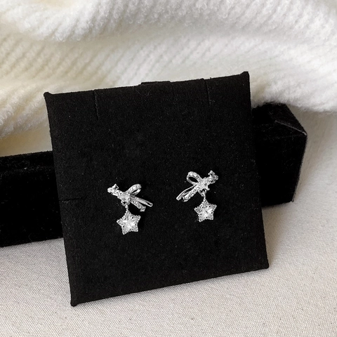 Delicate Bow Star Pendant Earrings Zirconia Micro-Inlaid Copper Jewelry For Women Fashion Commute Silver Color