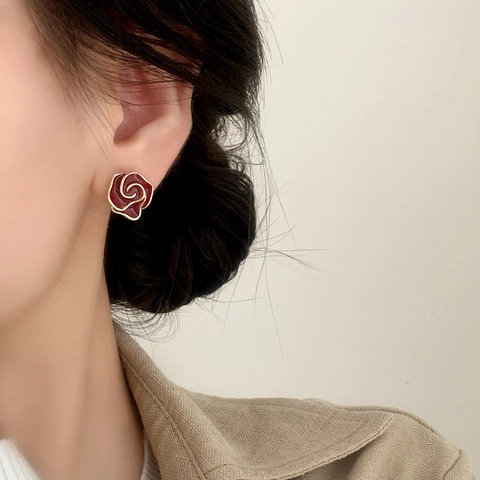 Orecchini A Lobo Rosa Retrò Smalto Rame Ottone Elegante Vintage Lusso Leggero Gioielli Floreali Per Donne
