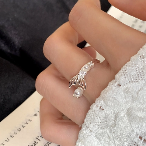 Bague Ouverte Queue De Sirène Avec Künstliche Perles Blanches Et Zircon Étincelant Bijoux En Argent Ajustables Élégants