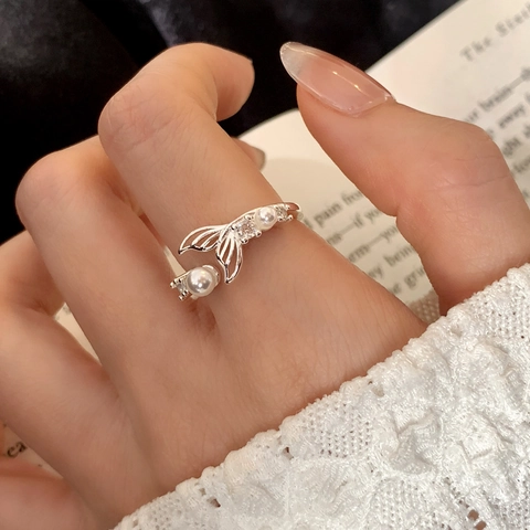 Bague Ouverte Queue De Sirène Avec Künstliche Perles Blanches Et Zircon Étincelant Bijoux En Argent Ajustables Élégants
