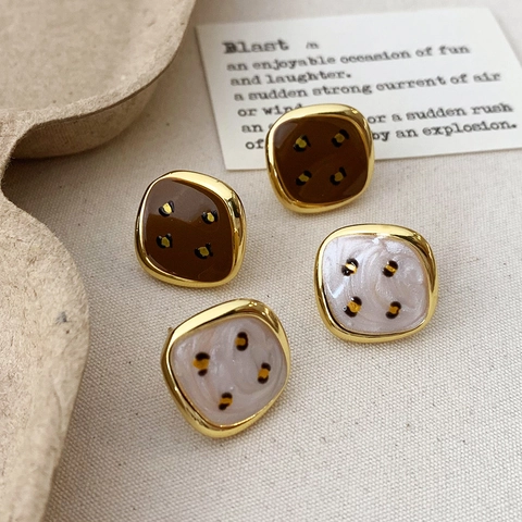 Orecchini A Lobo Quadrati Retrò Rame Placcato Oro Smalto A Pois Vintage Elegante Gioielli Geometrici Donna