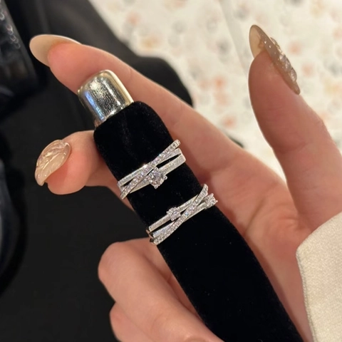 Micro Zircon Inlaid Double Layer Cross Adjustable Ring Elegant Light Luxury Simple Geometric Fashion Jewelry For Women