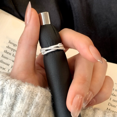 Anello Aperto Incrociato A Doppio Strato Elegante Minimalista Francese Micro Pavè Zirconia Gioielli Di Moda Regolabili Per Donna