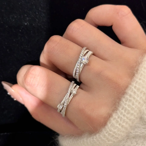 Micro Zircon Inlaid Double Layer Cross Adjustable Ring Elegant Light Luxury Simple Geometric Fashion Jewelry For Women