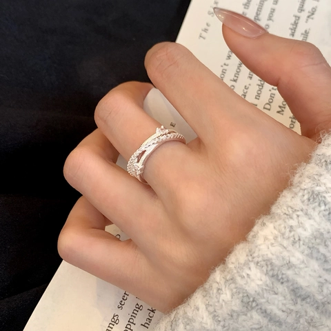 Anello Aperto Incrociato A Doppio Strato Elegante Minimalista Francese Micro Pavè Zirconia Gioielli Di Moda Regolabili Per Donna
