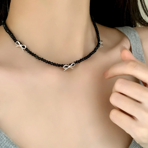 Black Faceted Beads Necklace With Copper Silver Bow Pendants Adjustable Lobster Clasp For Women Chic Accessory