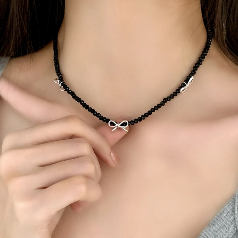 Black Faceted Beads Necklace With Copper Silver Bow Pendants Adjustable Lobster Clasp For Women Chic Accessory