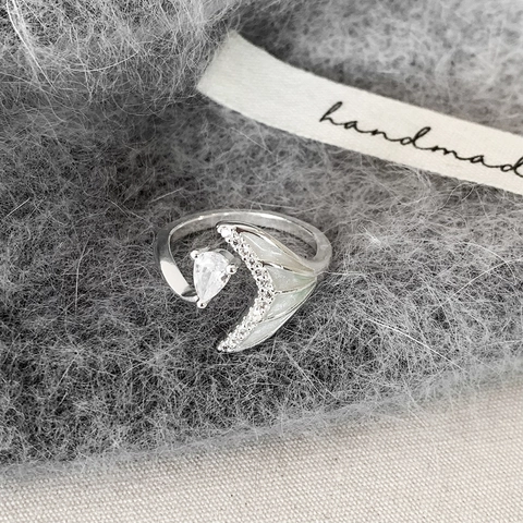 Elegant Mermaid Fishtail Open Adjustable Ring Silver Colored Metal With Artificial Pearl And Cubic Zirconia Aesthetic Hand Jewelry