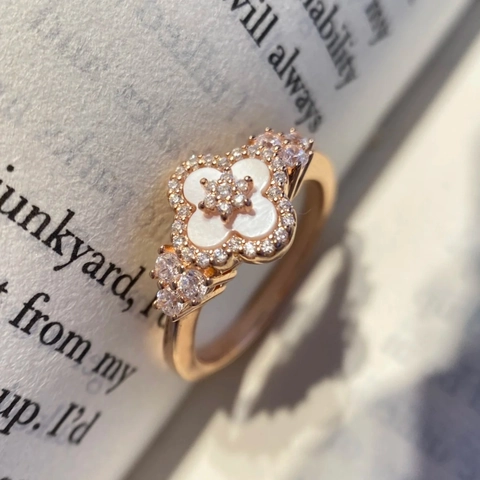 Four Leaf Clover Flower Adjustable Ring Pink Mother Of Artificial Pearl Zircon Rose Gold Plated Open Jewelry For Women