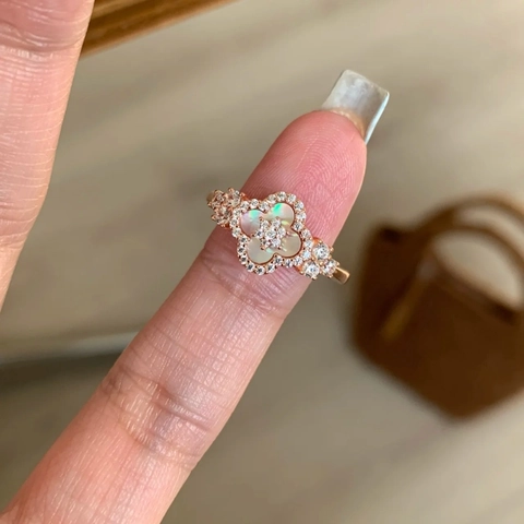Four Leaf Clover Flower Adjustable Ring Pink Mother Of Artificial Pearl Zircon Rose Gold Plated Open Jewelry For Women