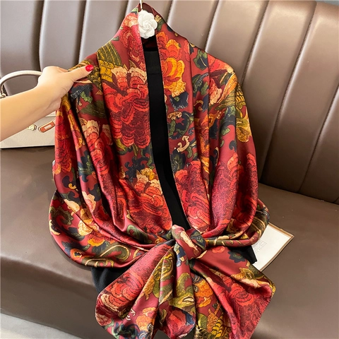 Satin Printed Scarf Long Shawl Large Wrap Floral Geometric Elegant Retro Fashion Accessories For Women Travel