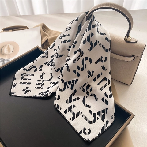 Elegant Satin Square Scarf Faux Satin Neckerchief For Women Geometric Letter Print Hair Band Bag Decoration Accessories