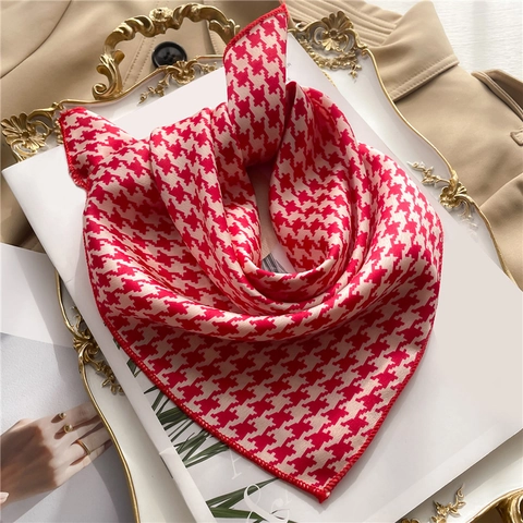 Houndstooth Pattern Square Scarf Satin Imitation Satin Elegant Neck Scarf Fashion Hair Band Handbag Accessory For Women