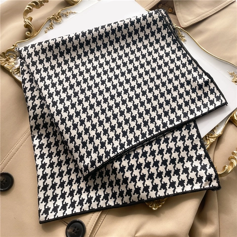 Houndstooth Pattern Square Scarf Satin Imitation Satin Elegant Neck Scarf Fashion Hair Band Handbag Accessory For Women