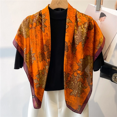 Elegant Floral Printed Square Scarf Satin Feel Polyester Satin Shawl Headscarf Neckerchief For Women Retro Style