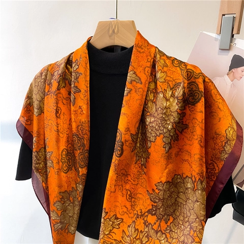 Elegant Floral Printed Square Scarf Satin Feel Polyester Satin Shawl Headscarf Neckerchief For Women Retro Style