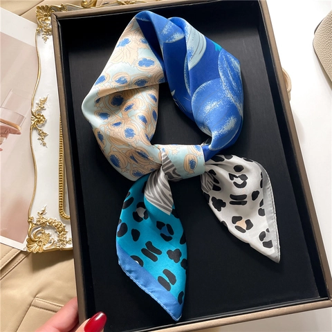 Elegant Women Leopard Floral Patchwork Square Scarf Imitation Satin Satin Hair Headscarf Chic Pomegranate Print Neck Wrap Shawl