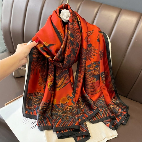 Eleganter Bedruckter Schal Polyester Satin Satin Gefühl Lange Mode Luxus Floral Geometrische Accessoires Für Frauen