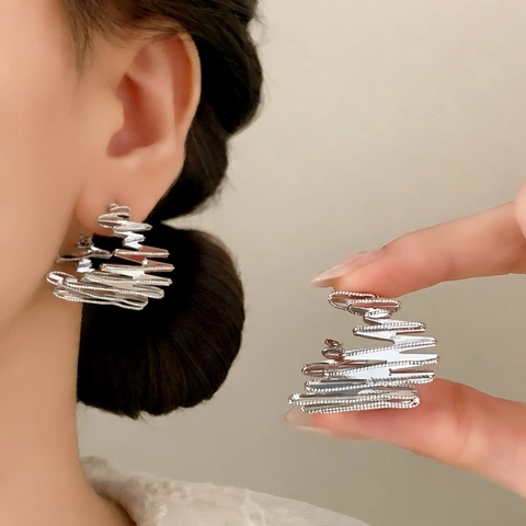 Onregelmatige Geometrische Koperen Oorknopjes Minimalistische Getextureerde Gestreepte Gelaagde Golvende Sieraden Vrouwen