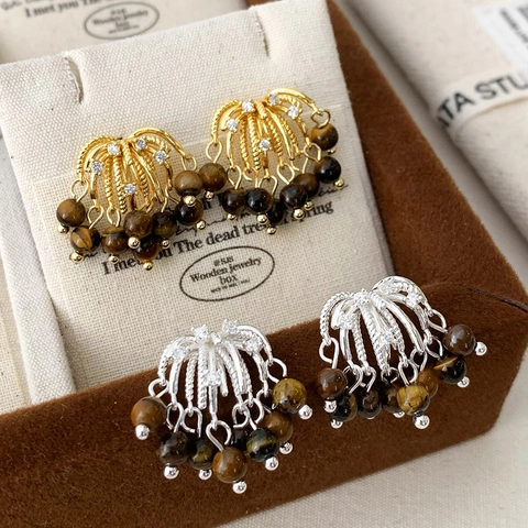 Pendientes Colgantes De Ojo De Tigre Estilo Francés Cobre Fuegos Artificiales Borla Con Circón Decorativo Para Mujer