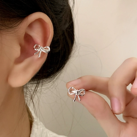 Ear Cuff Con Fiocco Rame Placcato Argento Orecchino Cartilagine Senza Buco Per Donna Gioielli Nastro Minimalista